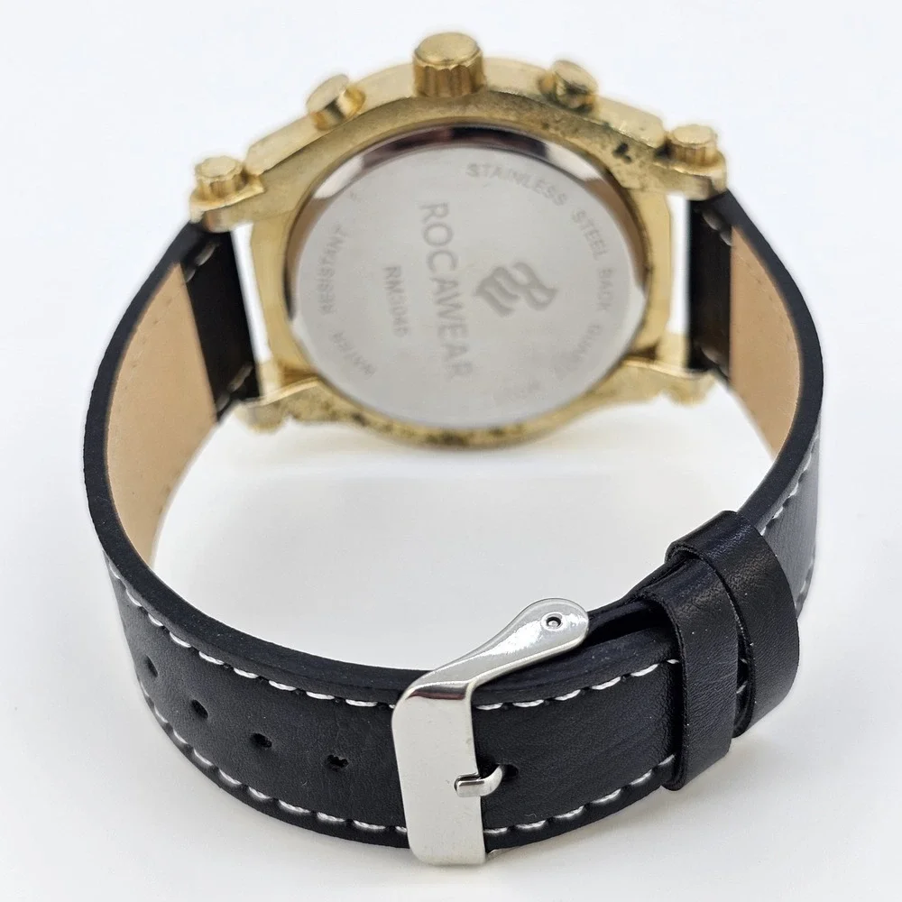 Rocawear Men's Watch 46MM Blue Dial NEW Black Faux‎ Leather Bands NEW Battery